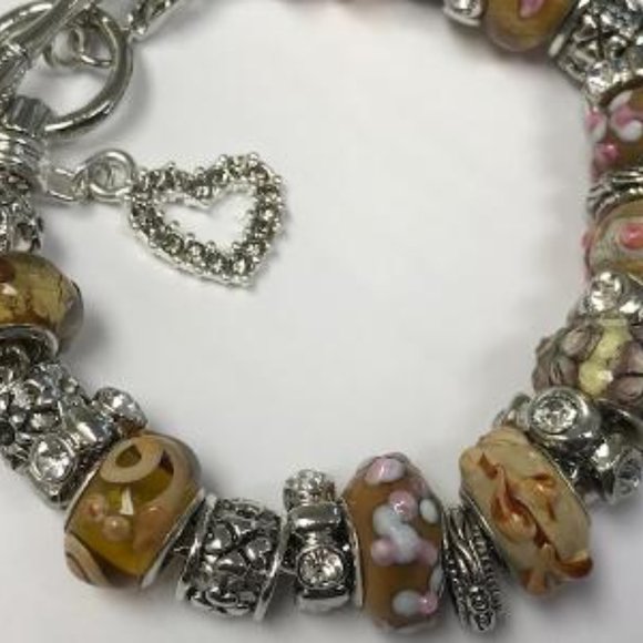 European Style Charm Bracelet with Murano Glass Beads, Toggle Clasp+Stopper,7.9" - Picture 10 of 13